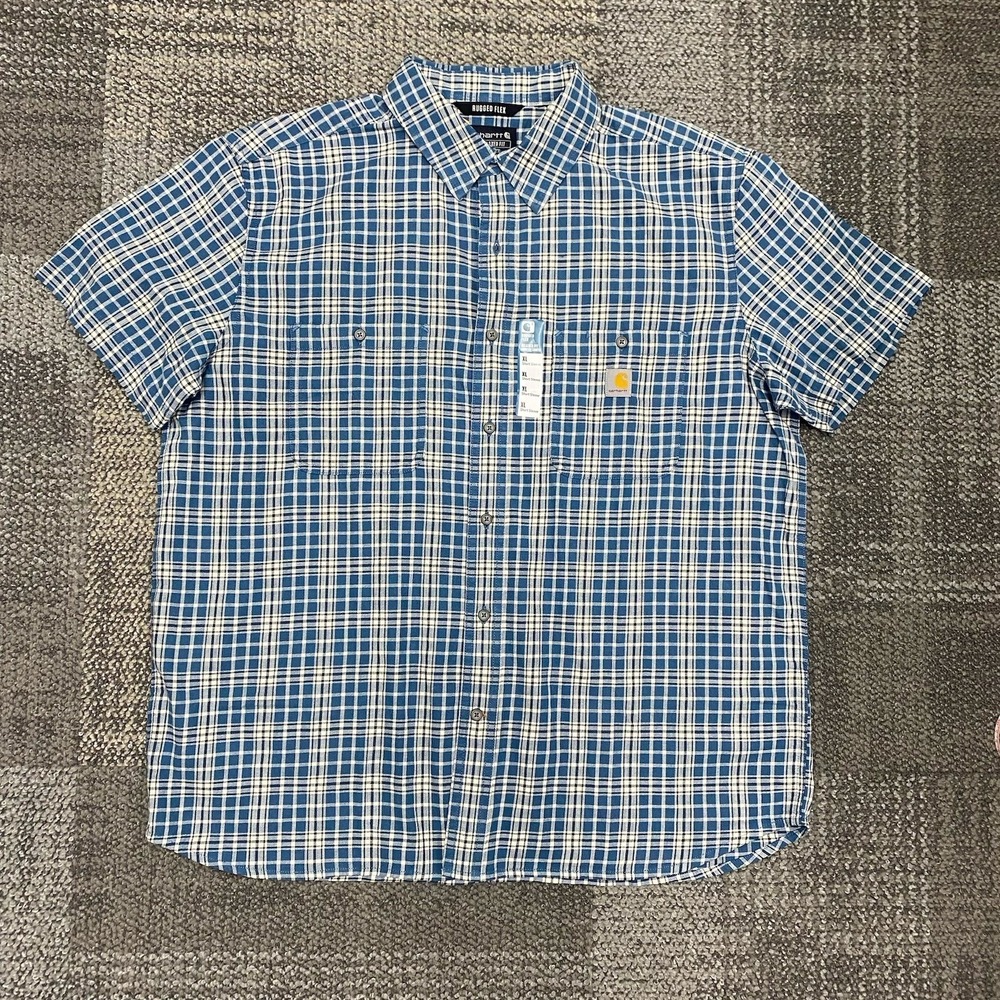 Carhartt Shirt Mens XL Blue Rugged Flex Relaxed Short Sleeve Button Plaid NWT
